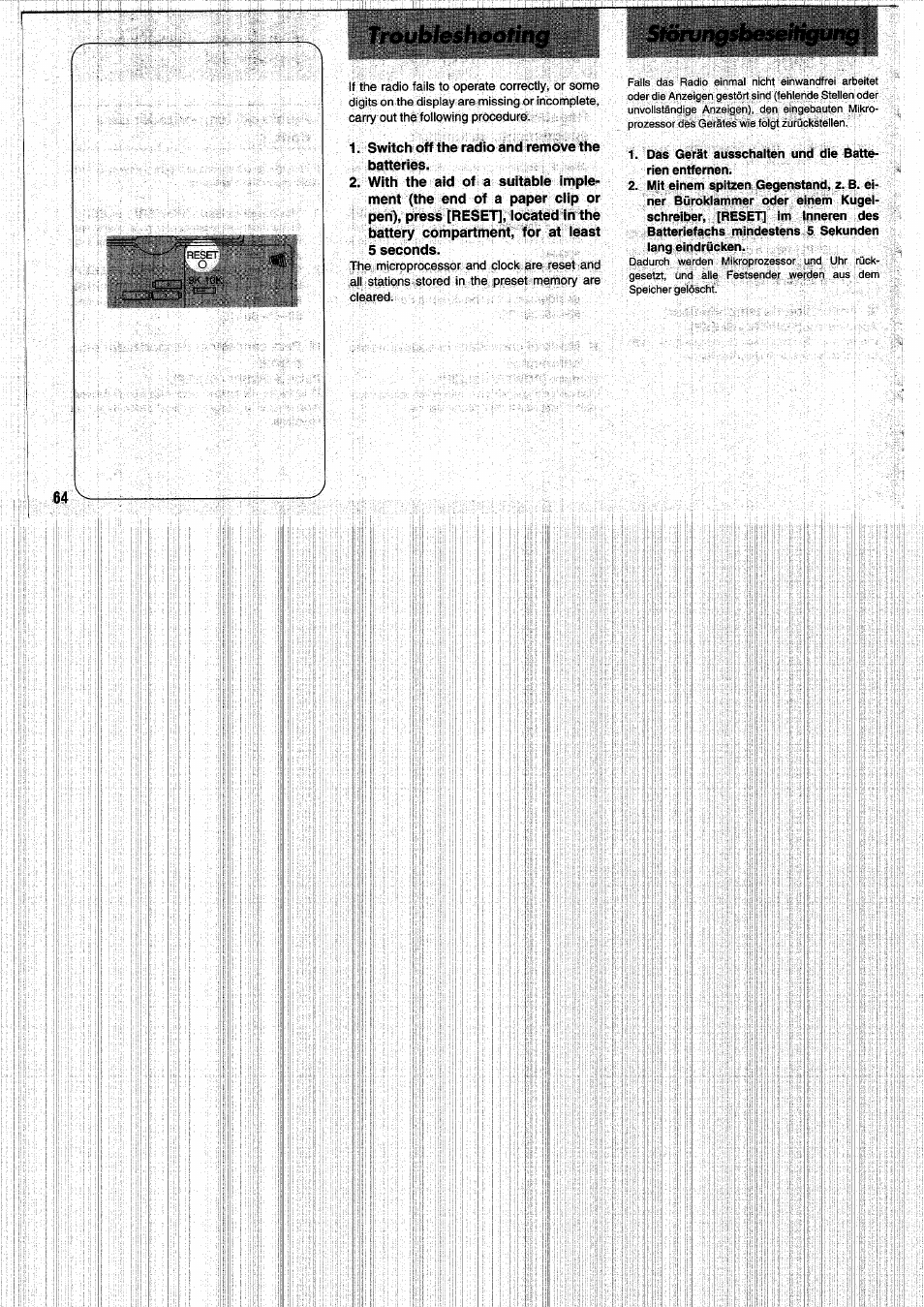 Das gerät ausschalten und die batterien entfernen, Troubleshooting | Panasonic RFB55 User Manual | Page 64 / 84