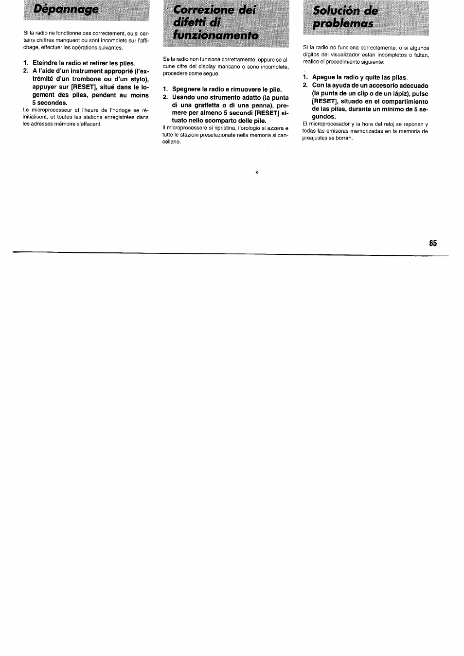 Eteindre la radio et retirer les plies, Spegnere la radio e rimuovere le pile, Apague la radio y quite las pilas | Dépannage, Correzione dei difetti di funzionamento, Solución de problemas | Panasonic RFB55 User Manual | Page 65 / 84