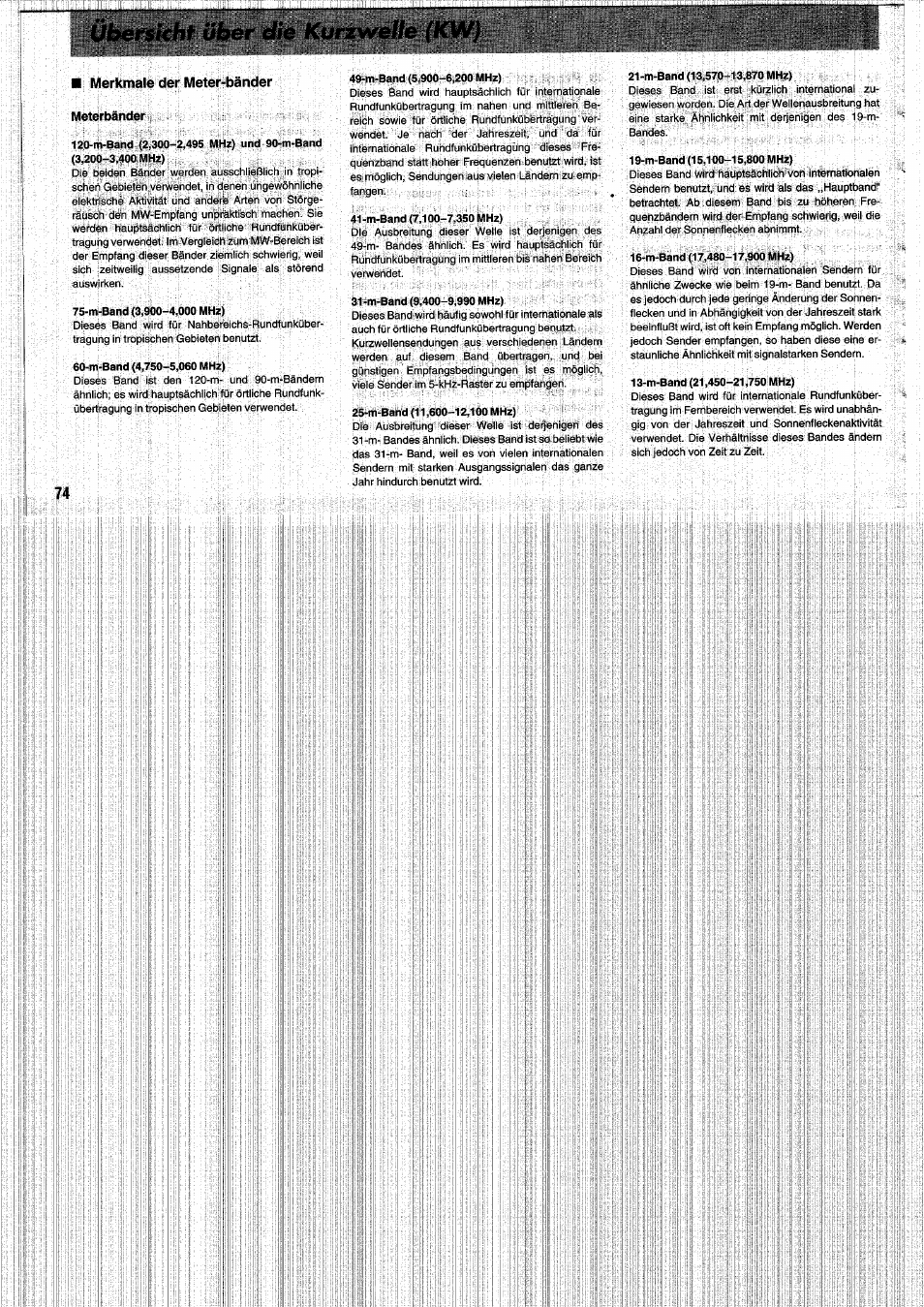 Merkmale der meter-bänder, Meterbänder, Übersicht über die kurzwelle (kw) | Panasonic RFB55 User Manual | Page 74 / 84