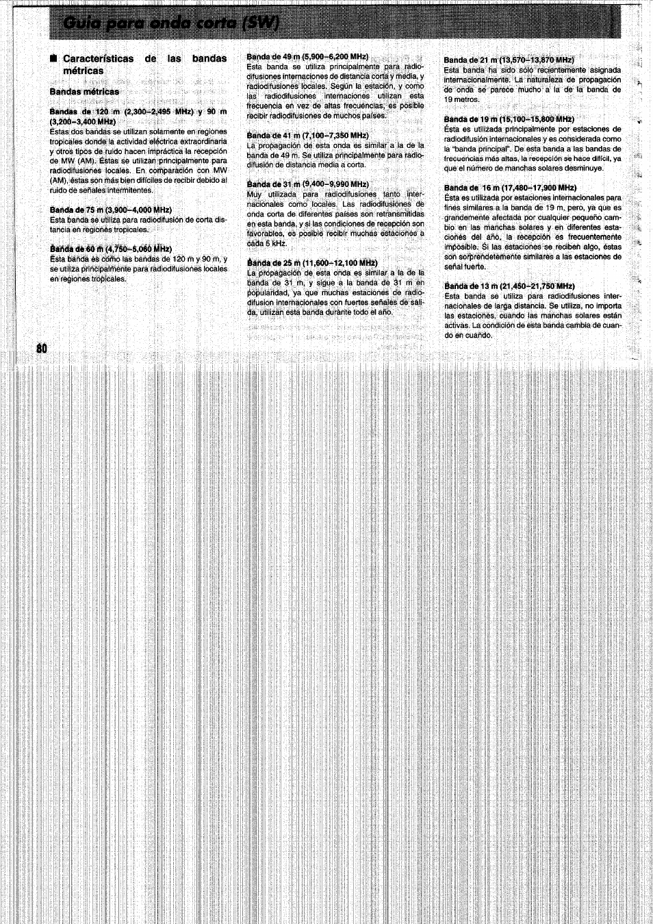 Características de las bandas métricas, Bandas métricas, Ouia para onda corta (sw) | Panasonic RFB55 User Manual | Page 80 / 84