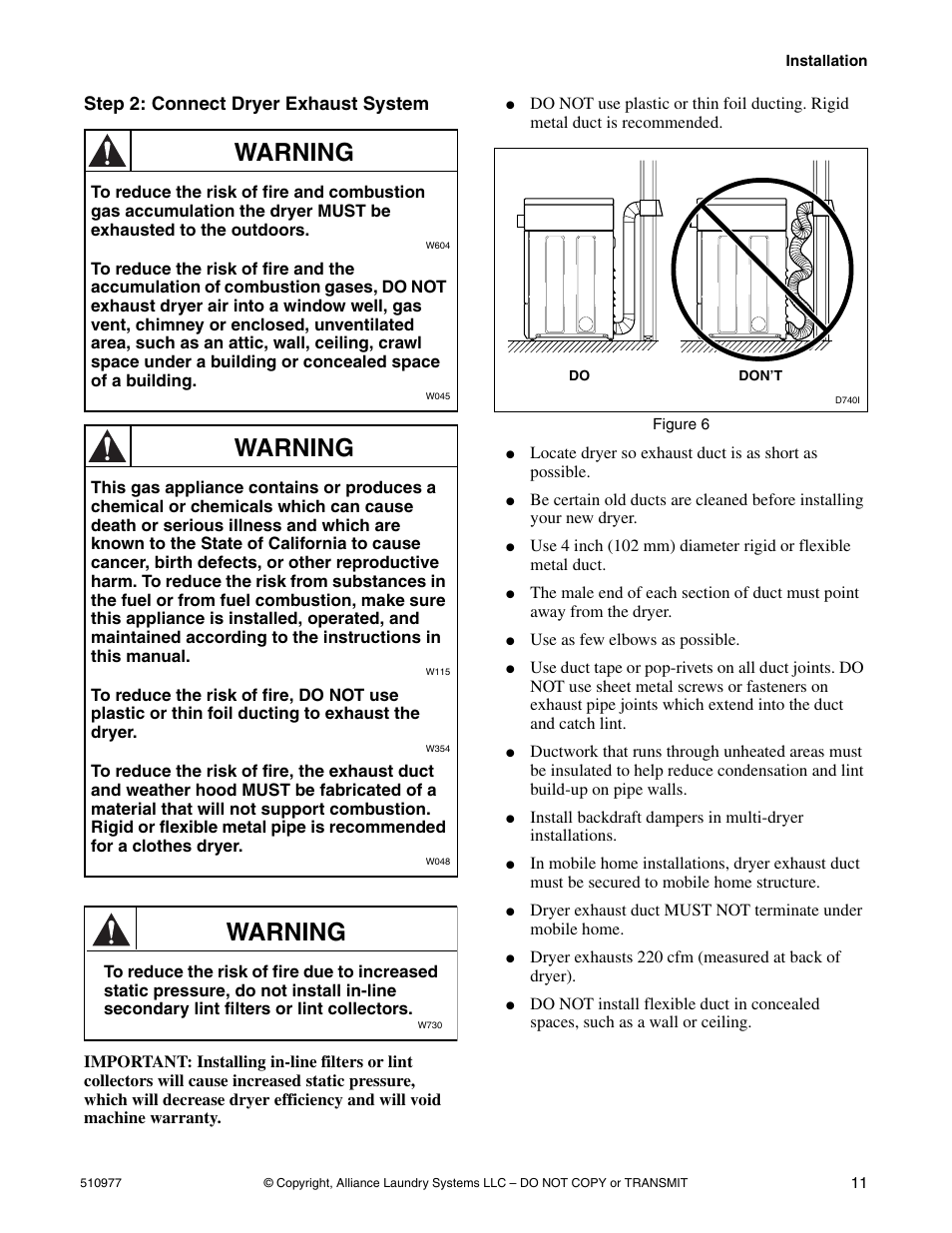 Step 2: connect dryer exhaust system, Warning | Alliance Laundry Systems SFGX09*F User Manual | Page 13 / 46