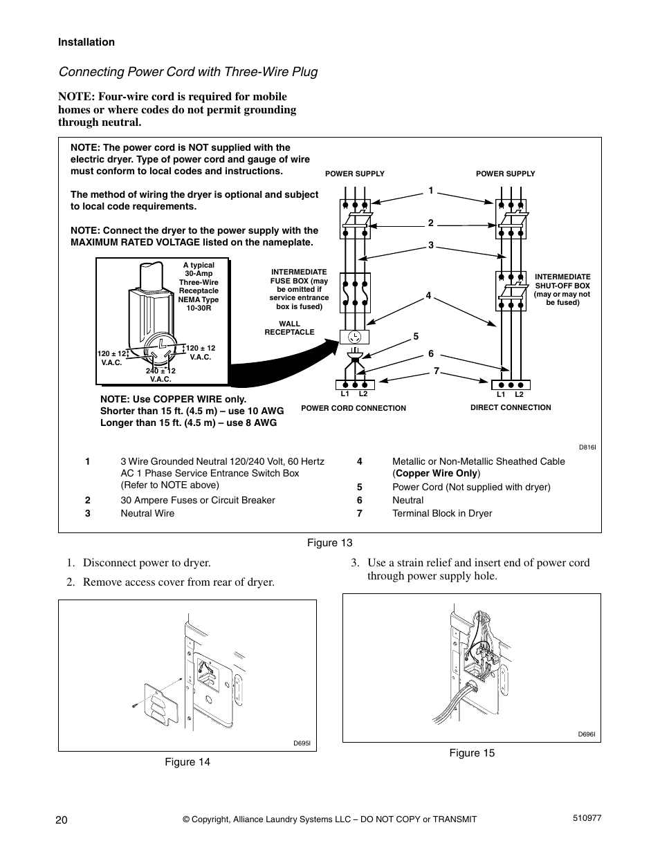 Connecting power cord with three-wire plug | Alliance Laundry Systems SFGX09*F User Manual | Page 22 / 46