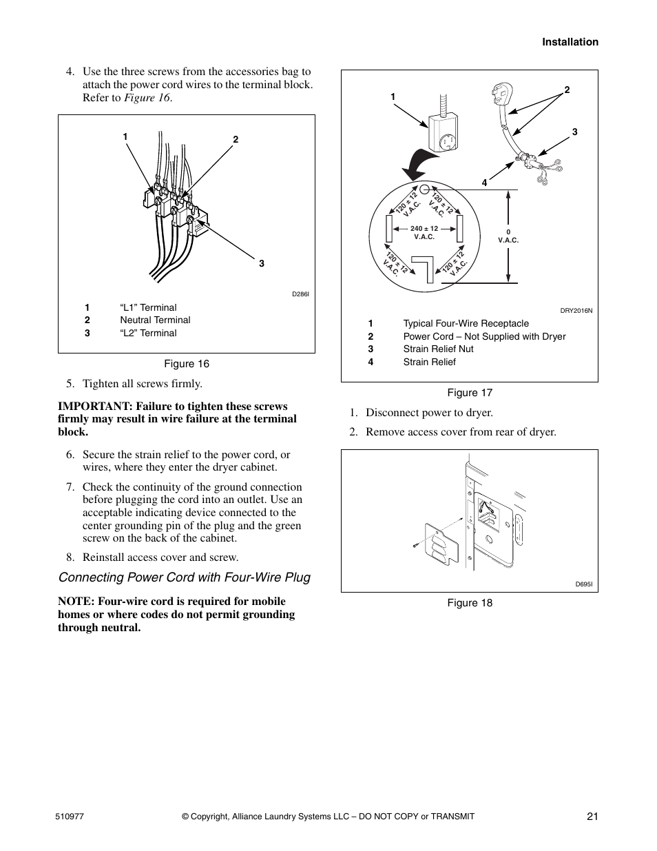 Connecting power cord with four-wire plug | Alliance Laundry Systems SFGX09*F User Manual | Page 23 / 46