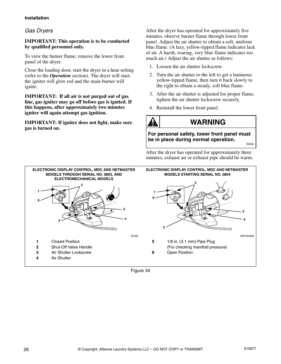 Warning, Gas dryers | Alliance Laundry Systems SFGX09*F User Manual | Page 28 / 46