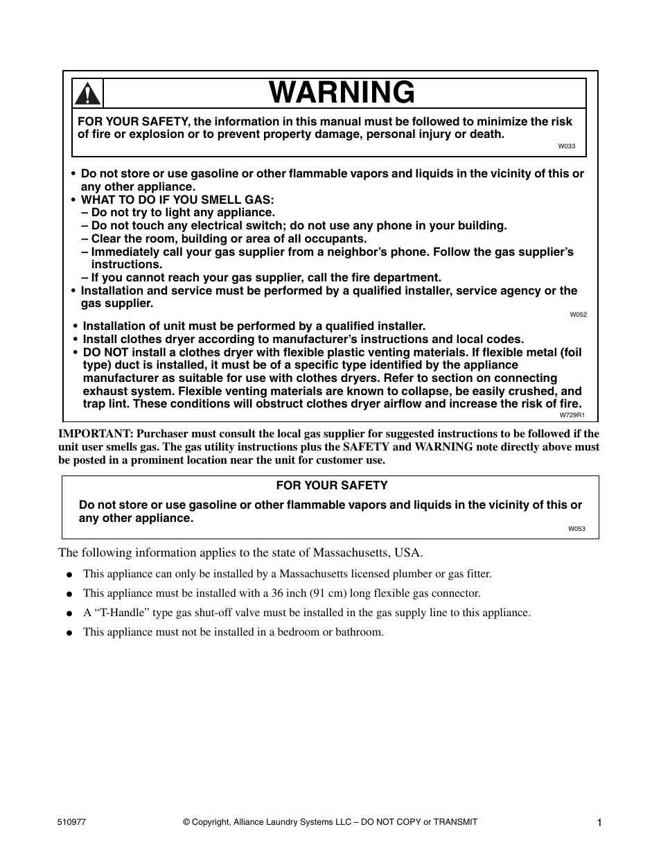Warning | Alliance Laundry Systems SFGX09*F User Manual | Page 3 / 46