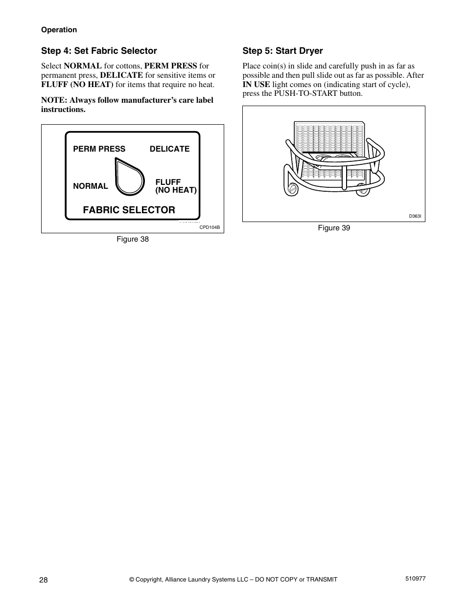 Step 4: set fabric selector step 5: start dryer, Fabric selector | Alliance Laundry Systems SFGX09*F User Manual | Page 30 / 46
