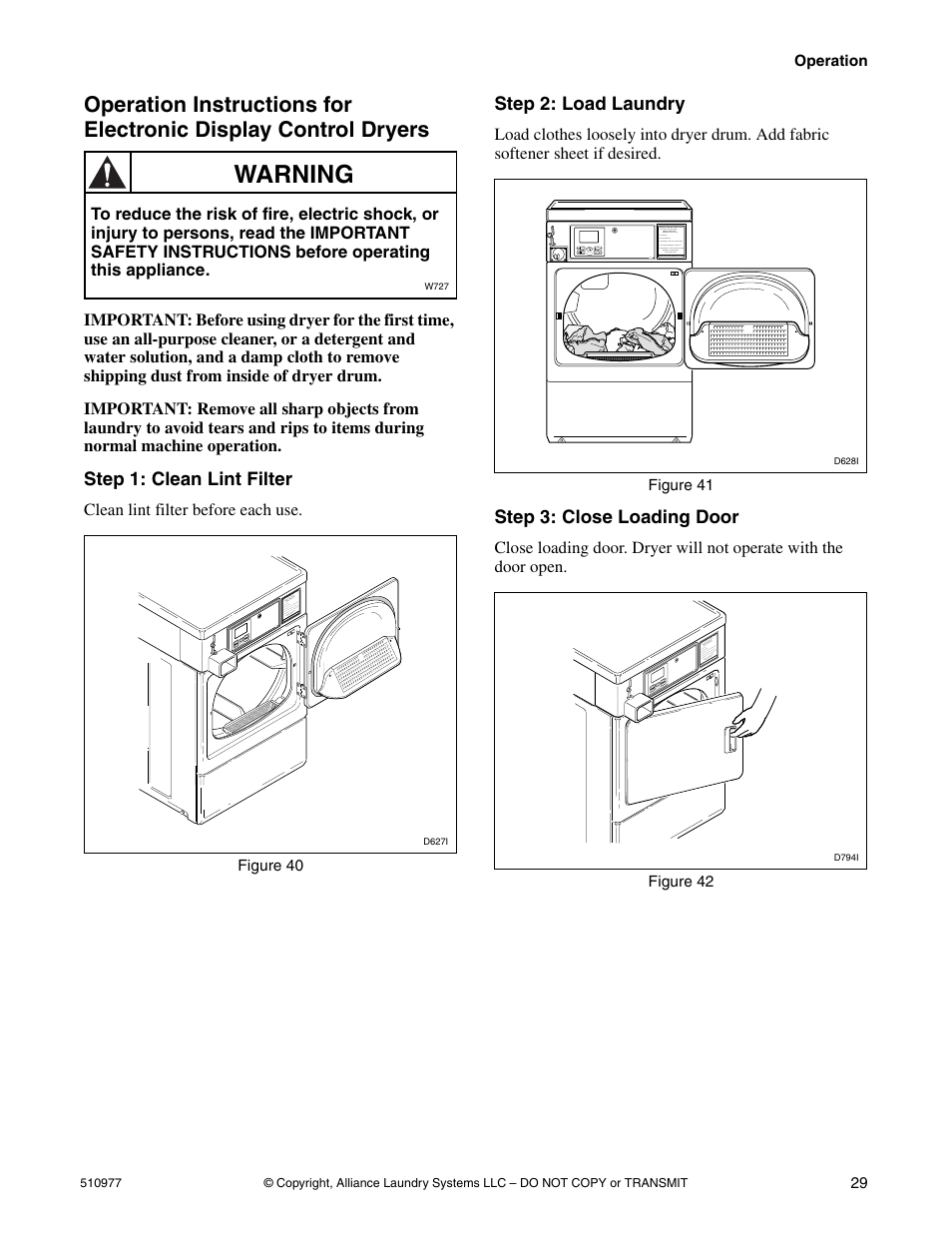 Warning, Step 1: clean lint filter, Step 2: load laundry | Step 3: close loading door | Alliance Laundry Systems SFGX09*F User Manual | Page 31 / 46