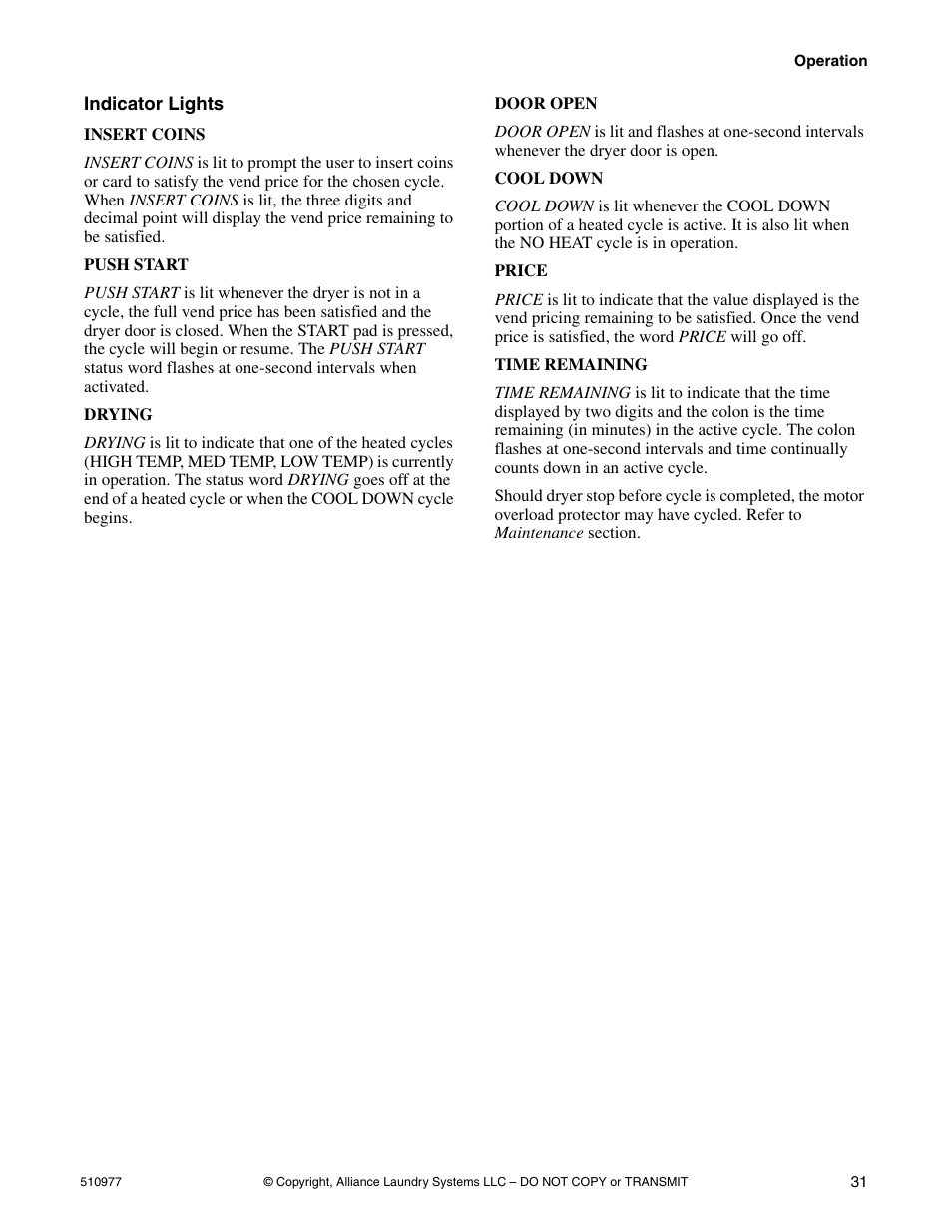 Indicator lights | Alliance Laundry Systems SFGX09*F User Manual | Page 33 / 46