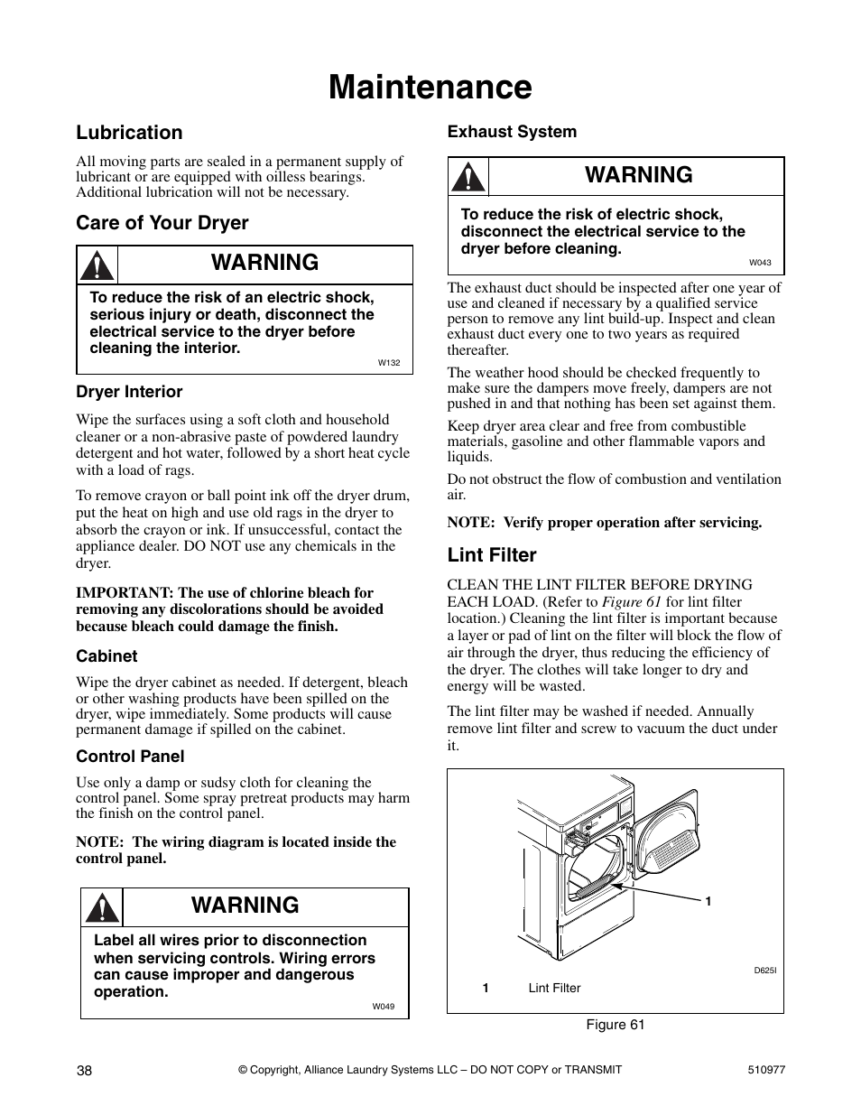 Maintenance, Lubrication care of your dryer, Lint filter | Warning, Lubrication, Care of your dryer | Alliance Laundry Systems SFGX09*F User Manual | Page 40 / 46