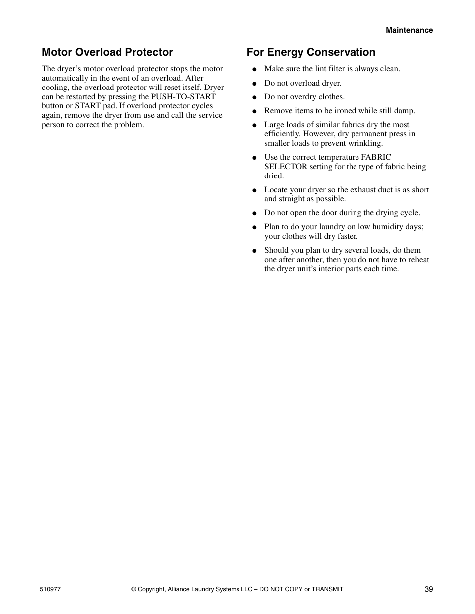 Motor overload protector for energy conservation, Motor overload protector, For energy conservation | Alliance Laundry Systems SFGX09*F User Manual | Page 41 / 46