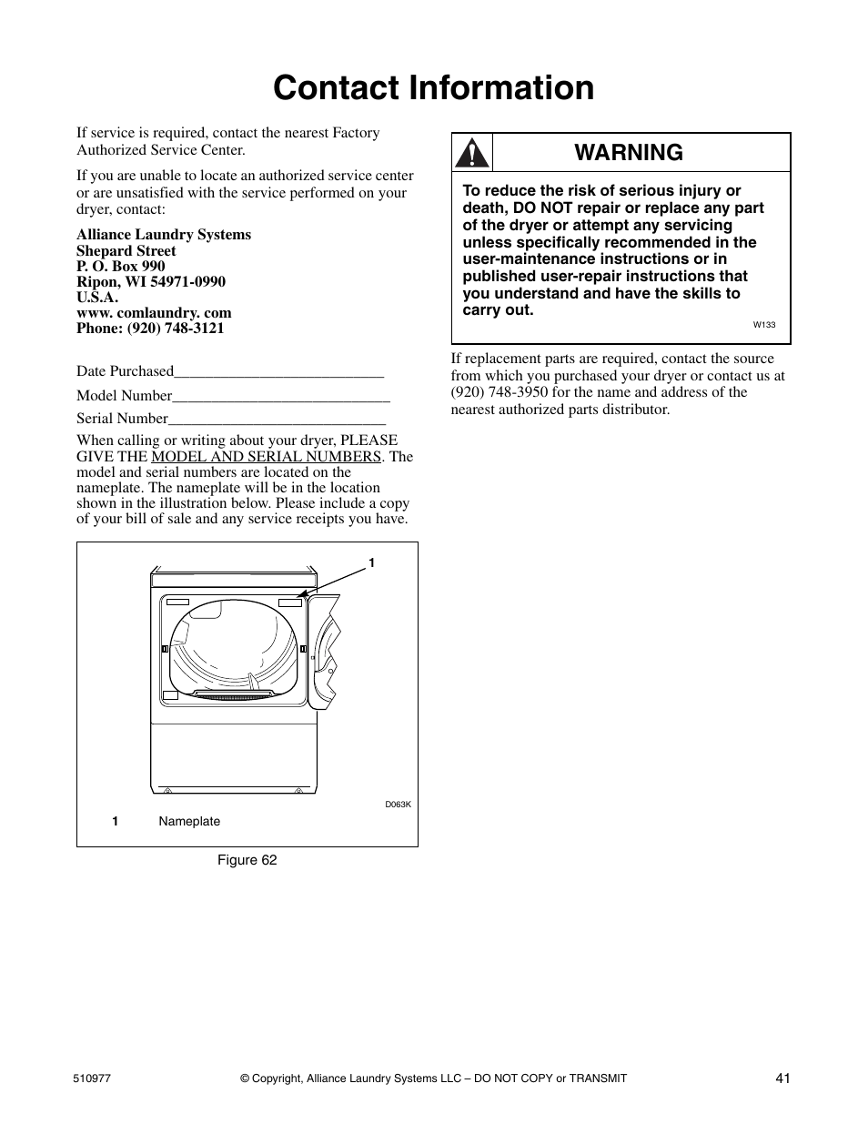 Contact information, Warning | Alliance Laundry Systems SFGX09*F User Manual | Page 43 / 46