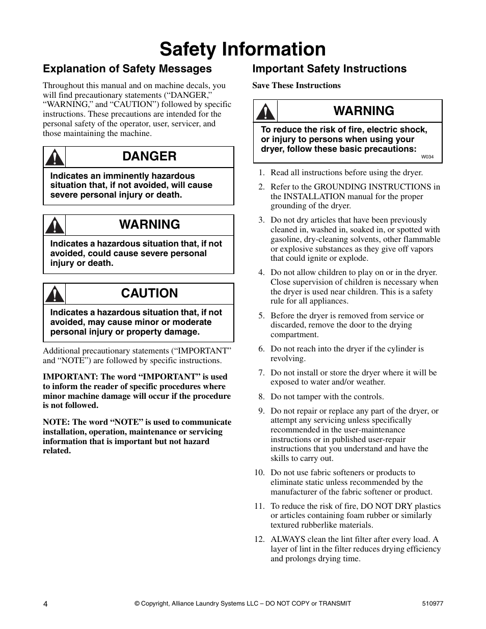 Safety information, Explanation of safety messages, Important safety instructions | Danger, Warning, Caution | Alliance Laundry Systems SFGX09*F User Manual | Page 6 / 46