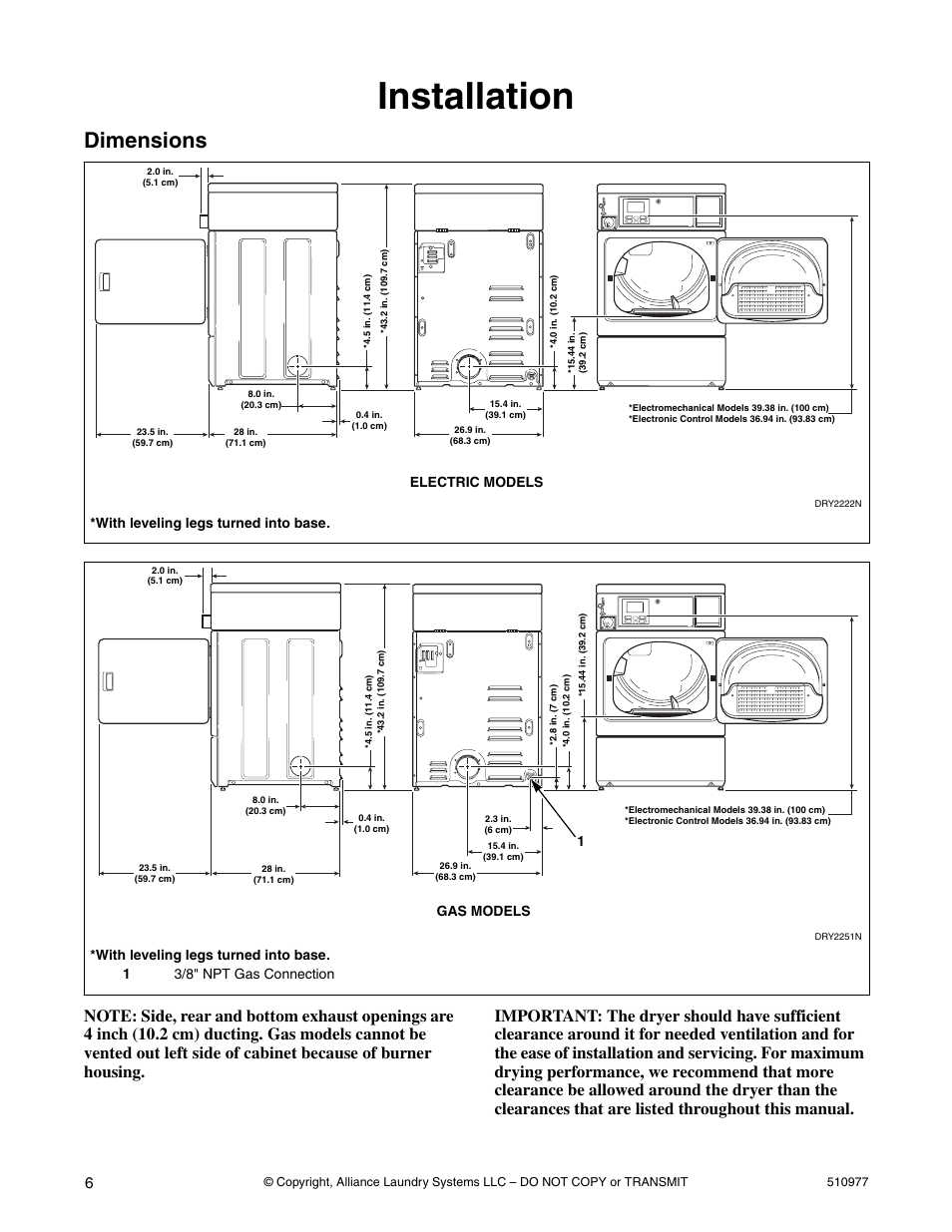 Installation, Dimensions, With leveling legs turned into base | Electric models, Gas models | Alliance Laundry Systems SFGX09*F User Manual | Page 8 / 46