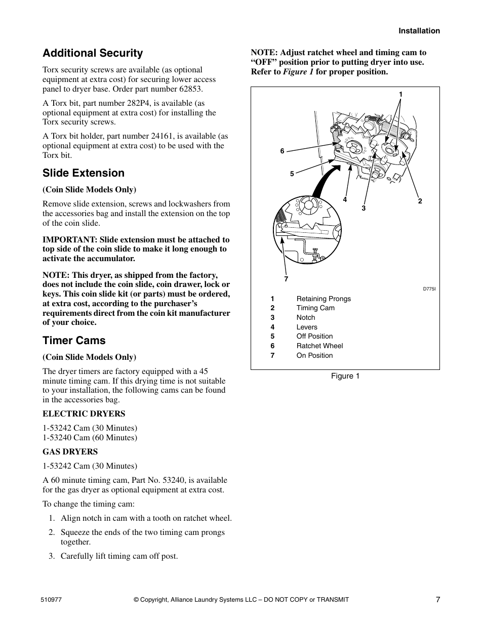 Additional security, Slide extension, Timer cams | Alliance Laundry Systems SFGX09*F User Manual | Page 9 / 46