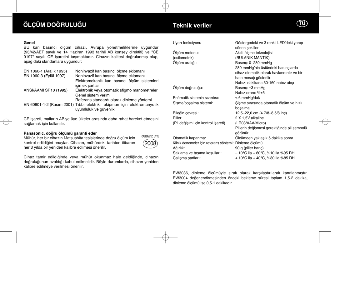 Ölçüm do⁄rulu⁄u, Teknik veriler | Panasonic EW3036E2 User Manual | Page 67 / 78