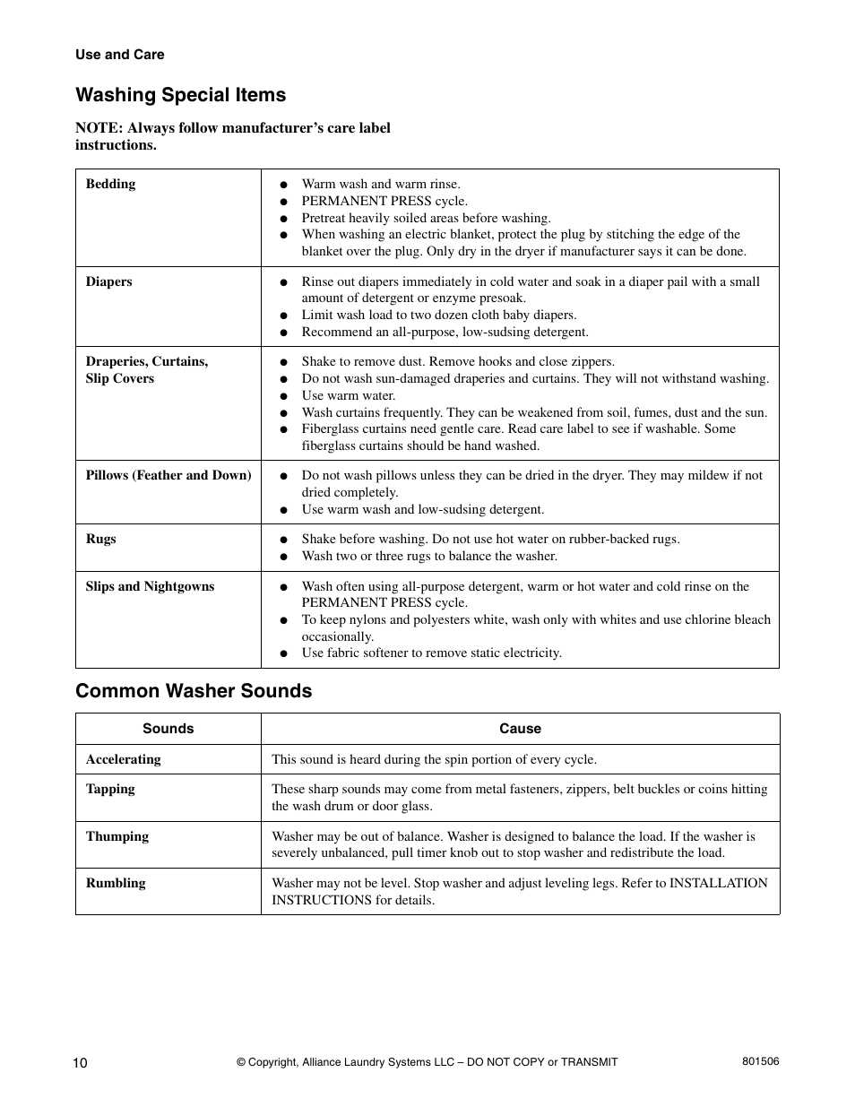 Washing special items, Common washer sounds | Alliance Laundry Systems SWD441C User Manual | Page 12 / 62