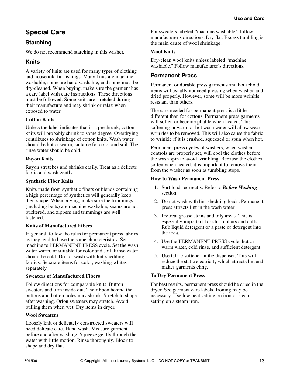 Special care | Alliance Laundry Systems SWD441C User Manual | Page 15 / 62