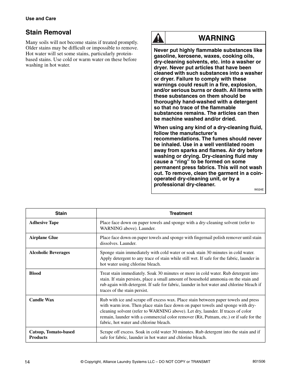 Warning, Stain removal | Alliance Laundry Systems SWD441C User Manual | Page 16 / 62