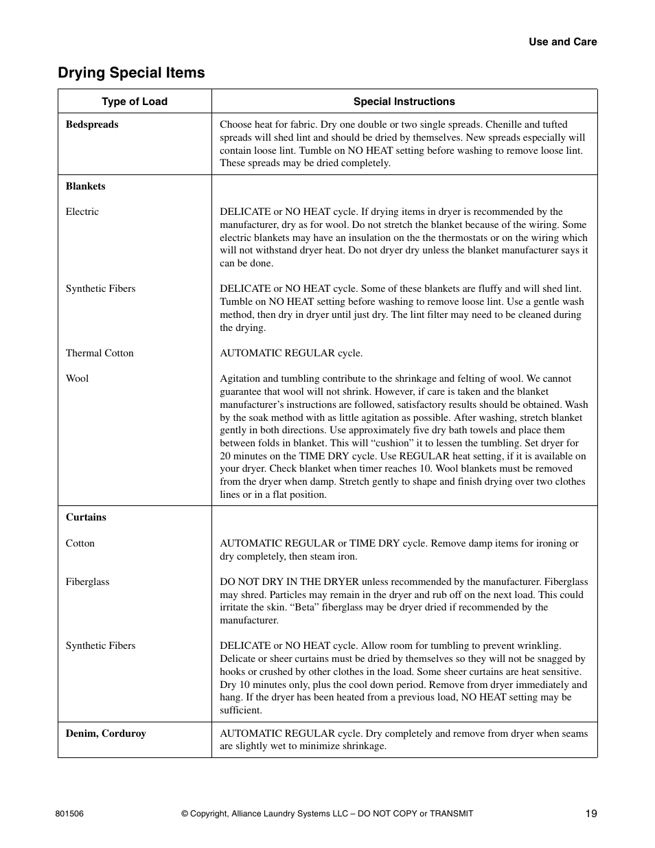 Drying special items | Alliance Laundry Systems SWD441C User Manual | Page 21 / 62