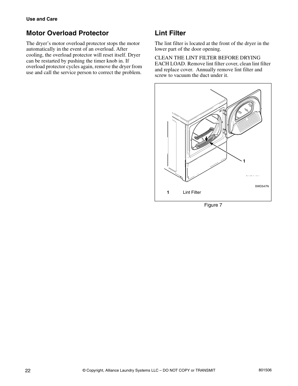 Motor overload protector, Lint filter | Alliance Laundry Systems SWD441C User Manual | Page 24 / 62