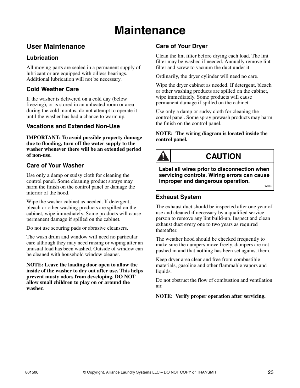 Maintenance, Caution, User maintenance | Alliance Laundry Systems SWD441C User Manual | Page 25 / 62