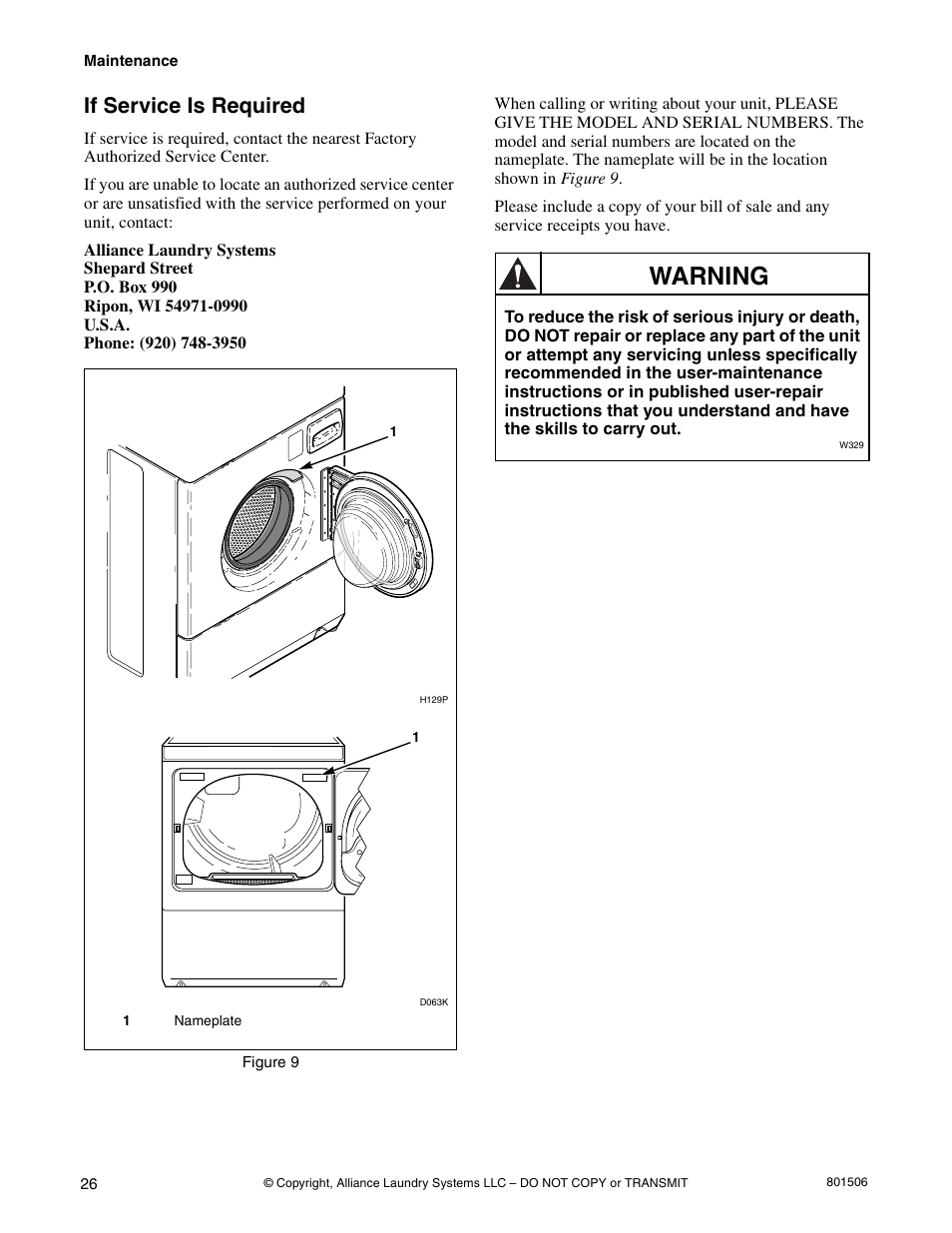 Warning, If service is required | Alliance Laundry Systems SWD441C User Manual | Page 28 / 62