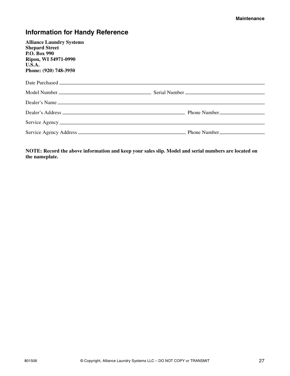 Information for handy reference | Alliance Laundry Systems SWD441C User Manual | Page 29 / 62