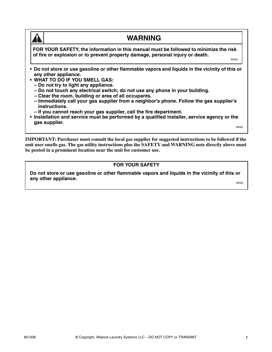 Warning | Alliance Laundry Systems SWD441C User Manual | Page 3 / 62