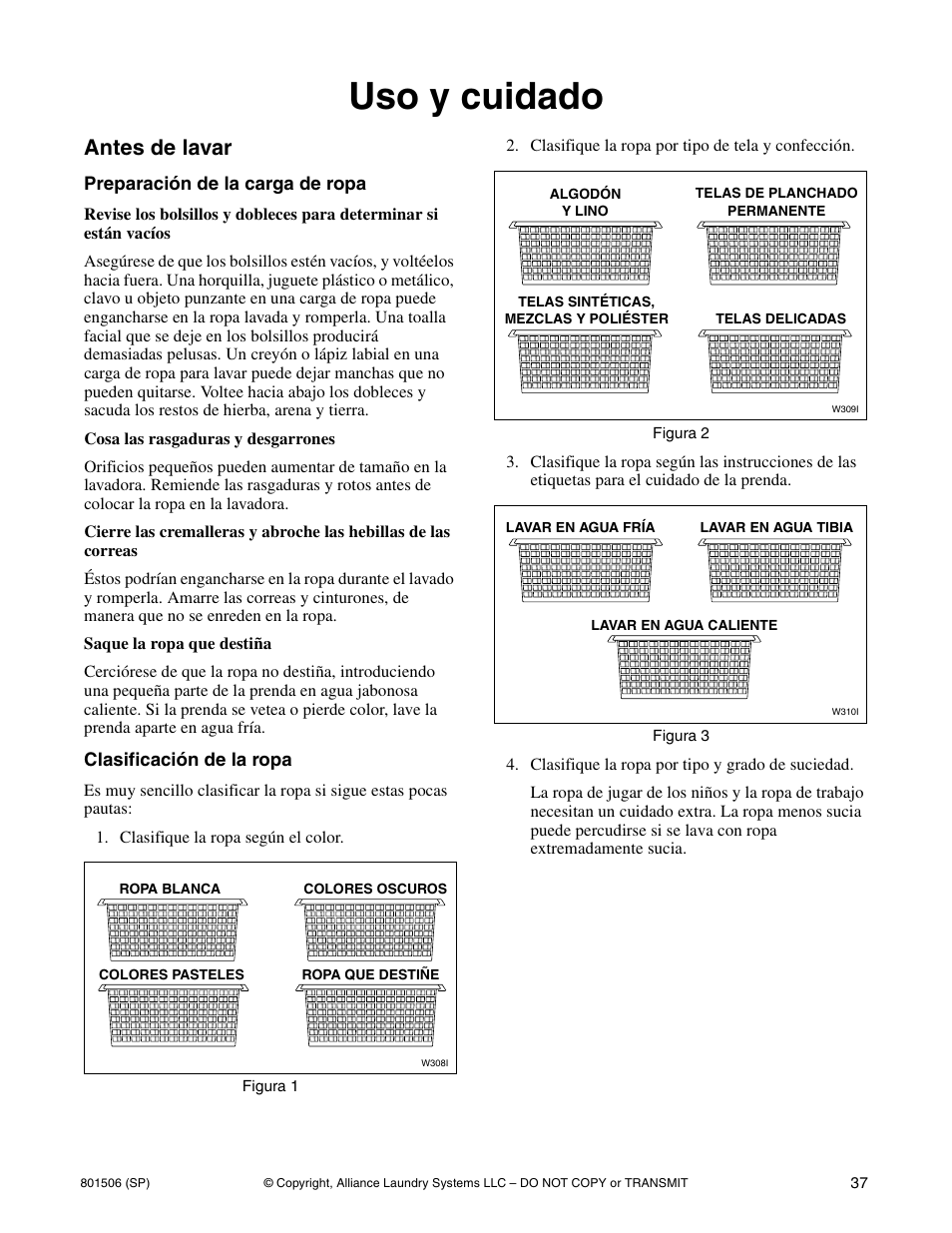 Uso y cuidado, Antes de lavar | Alliance Laundry Systems SWD441C User Manual | Page 39 / 62