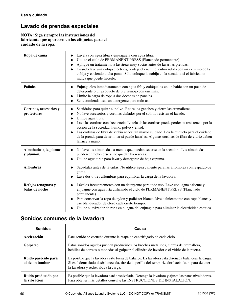 Lavado de prendas especiales, Sonidos comunes de la lavadora | Alliance Laundry Systems SWD441C User Manual | Page 42 / 62