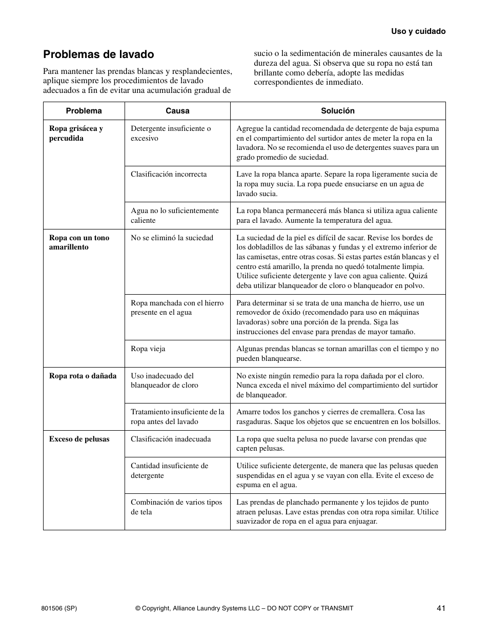 Problemas de lavado | Alliance Laundry Systems SWD441C User Manual | Page 43 / 62