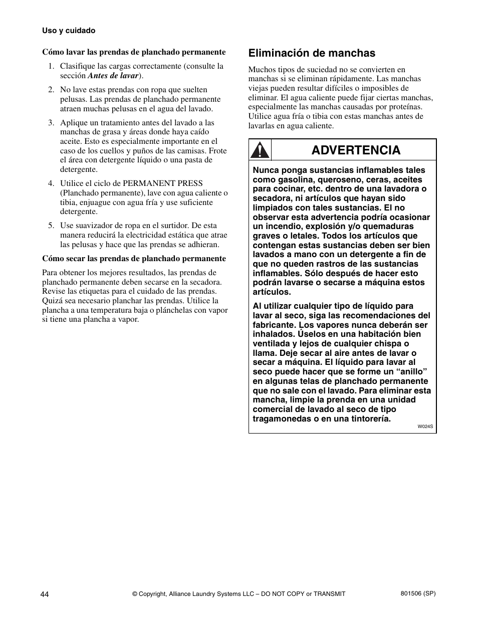 Advertencia, Eliminación de manchas | Alliance Laundry Systems SWD441C User Manual | Page 46 / 62