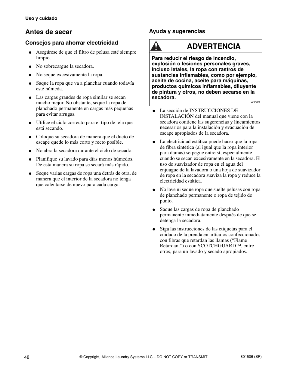 Advertencia, Antes de secar, Consejos para ahorrar electricidad | Ayuda y sugerencias | Alliance Laundry Systems SWD441C User Manual | Page 50 / 62