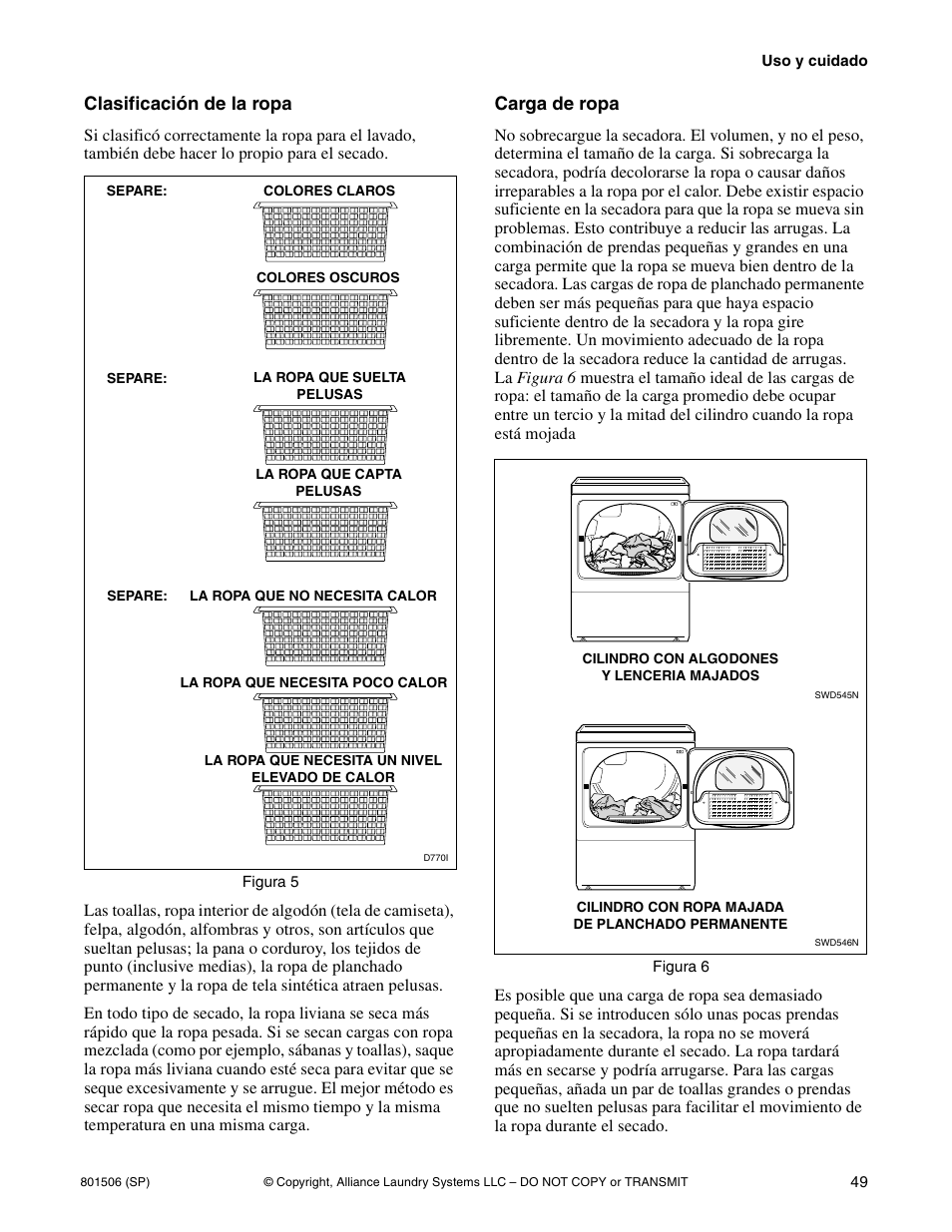 Clasificación de la ropa, Carga de ropa | Alliance Laundry Systems SWD441C User Manual | Page 51 / 62