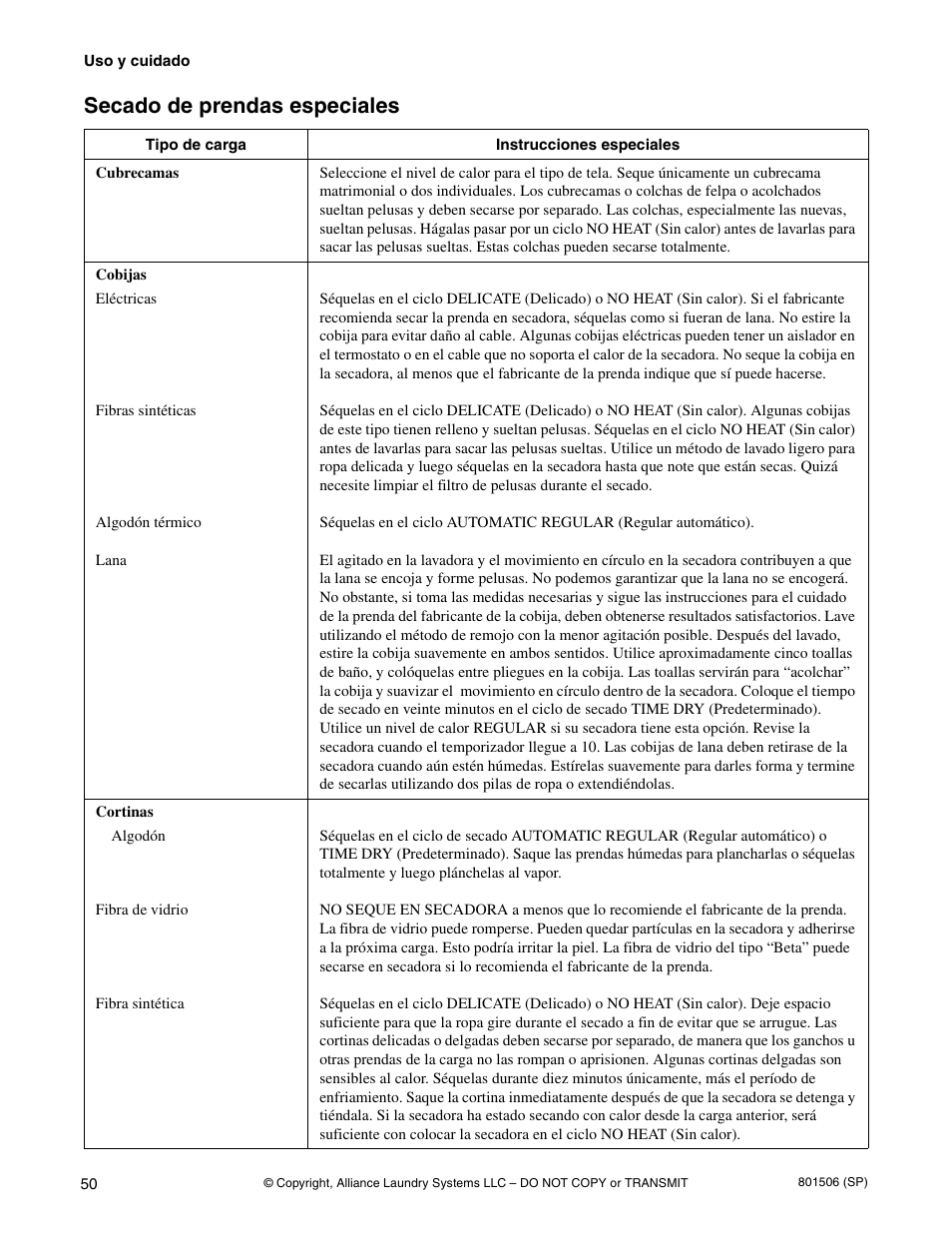 Secado de prendas especiales | Alliance Laundry Systems SWD441C User Manual | Page 52 / 62