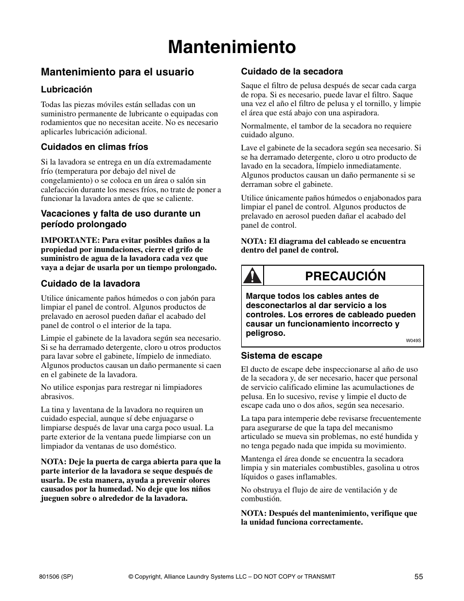 Mantenimiento, Precaución, Mantenimiento para el usuario | Alliance Laundry Systems SWD441C User Manual | Page 57 / 62