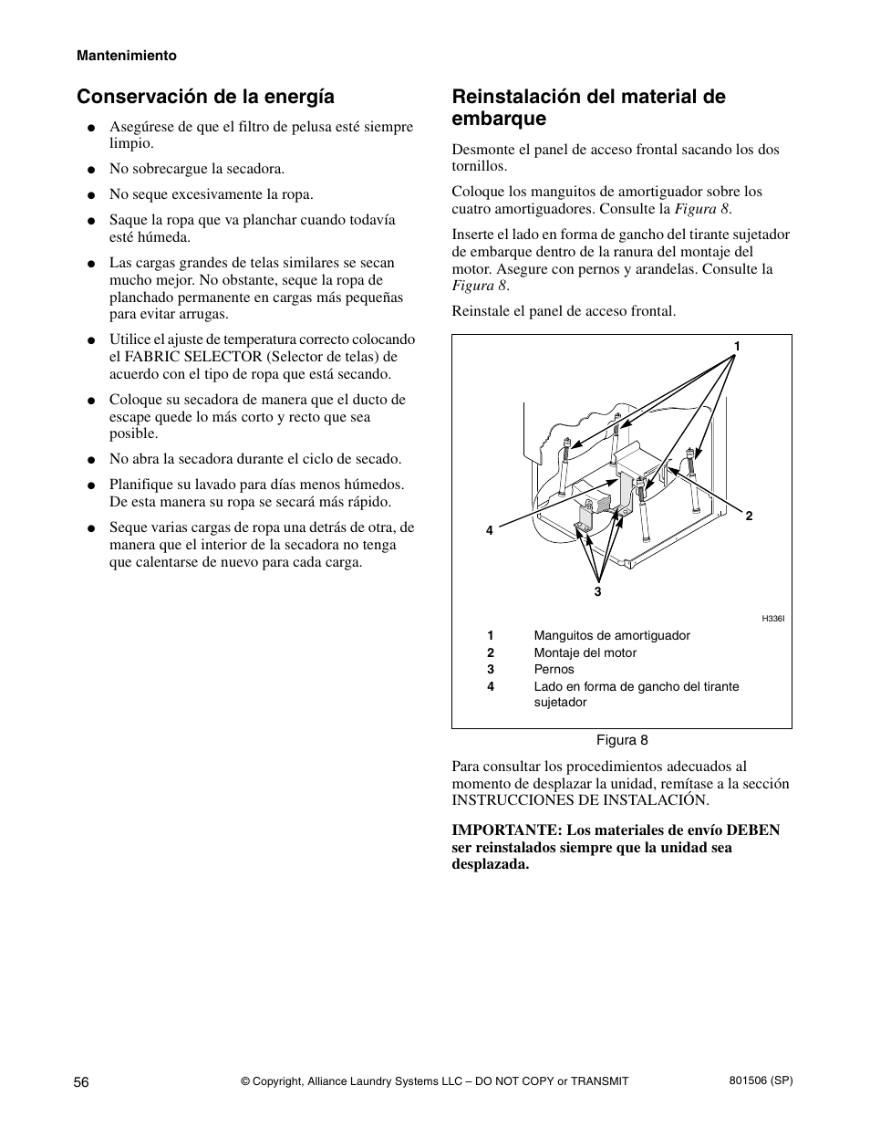 Conservación de la energía, Reinstalación del material de embarque | Alliance Laundry Systems SWD441C User Manual | Page 58 / 62