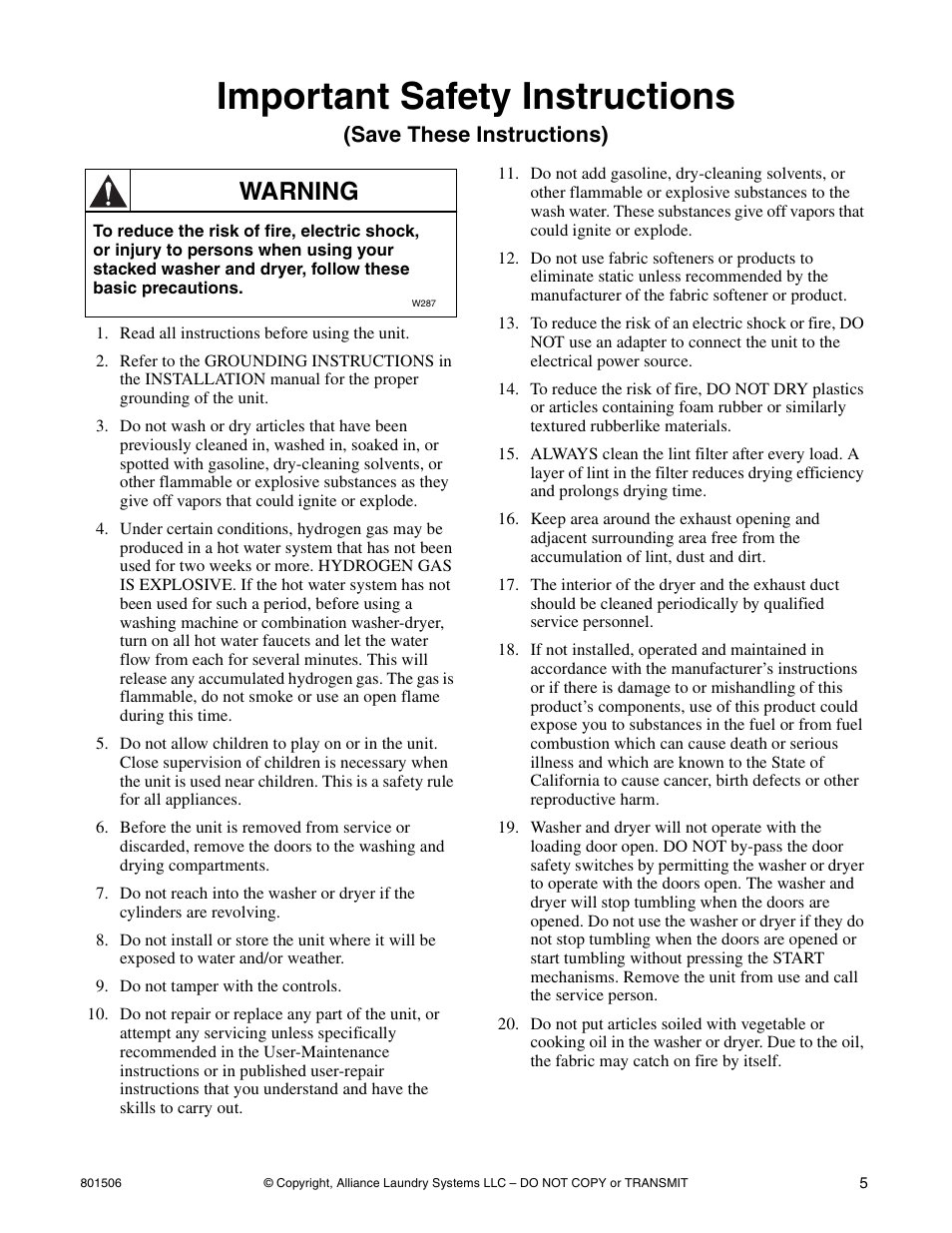 Important safety instructions, Warning, Save these instructions) | Alliance Laundry Systems SWD441C User Manual | Page 7 / 62