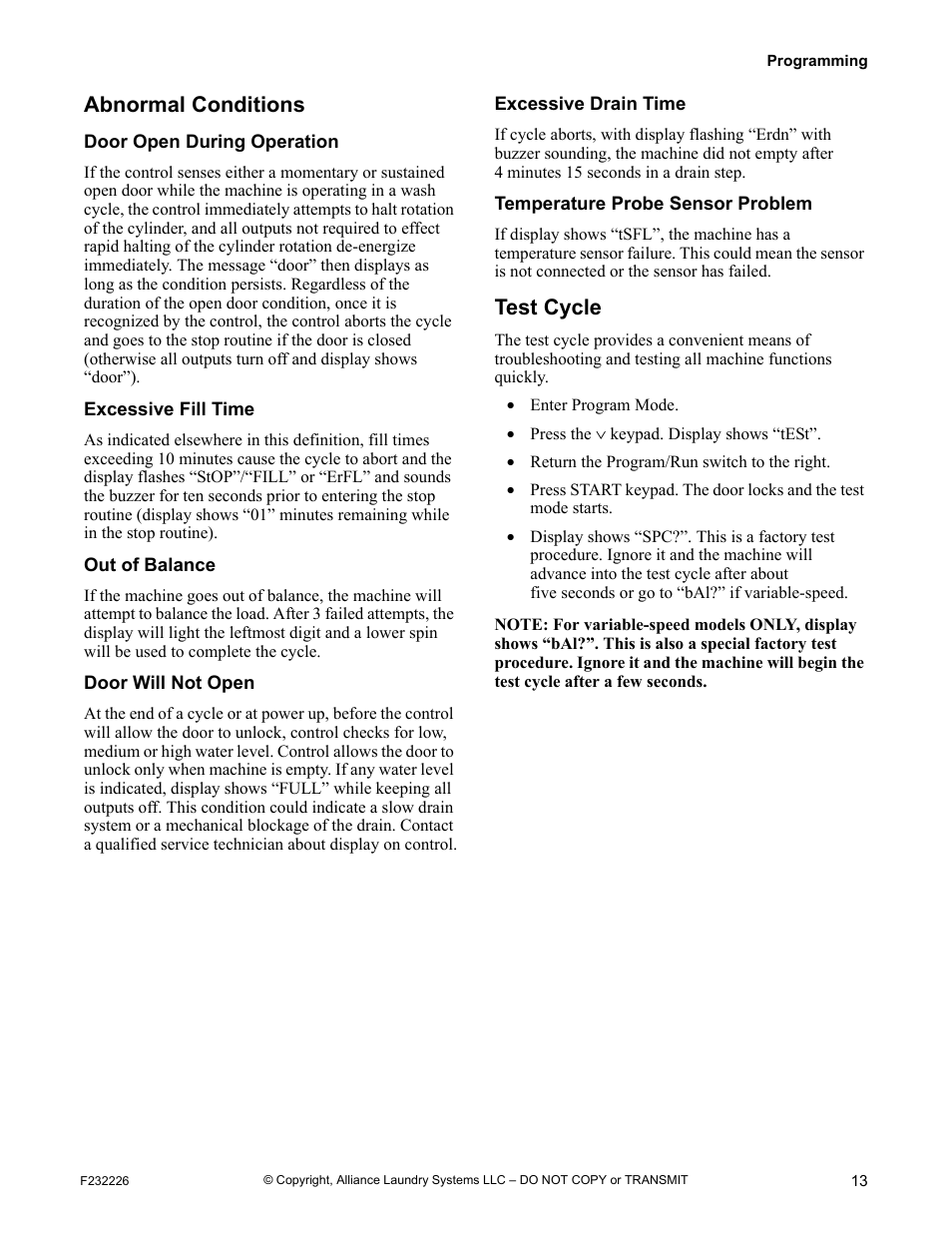 Abnormal conditions, Test cycle | Alliance Laundry Systems UW125AV User Manual | Page 15 / 21