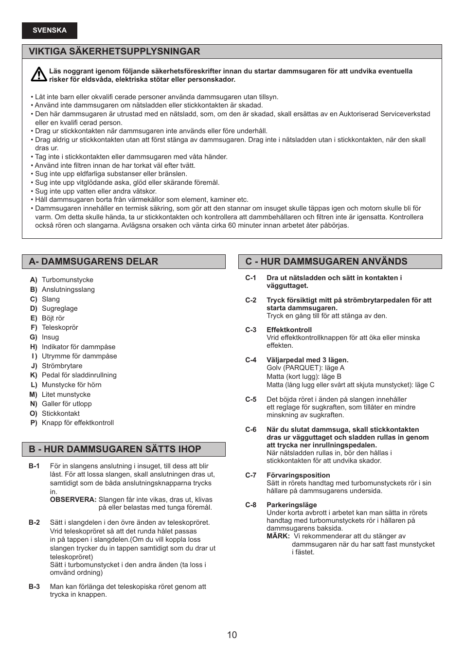 A- dammsugarens delar | Panasonic MCCG476BE7A User Manual | Page 10 / 32