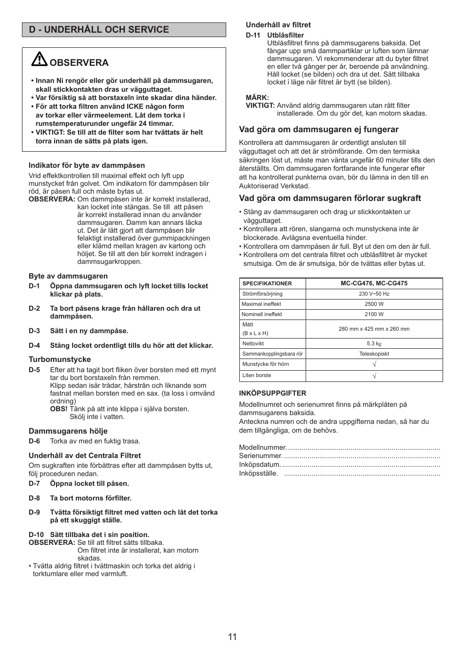 Observera, D - underhåll och service | Panasonic MCCG476BE7A User Manual | Page 11 / 32