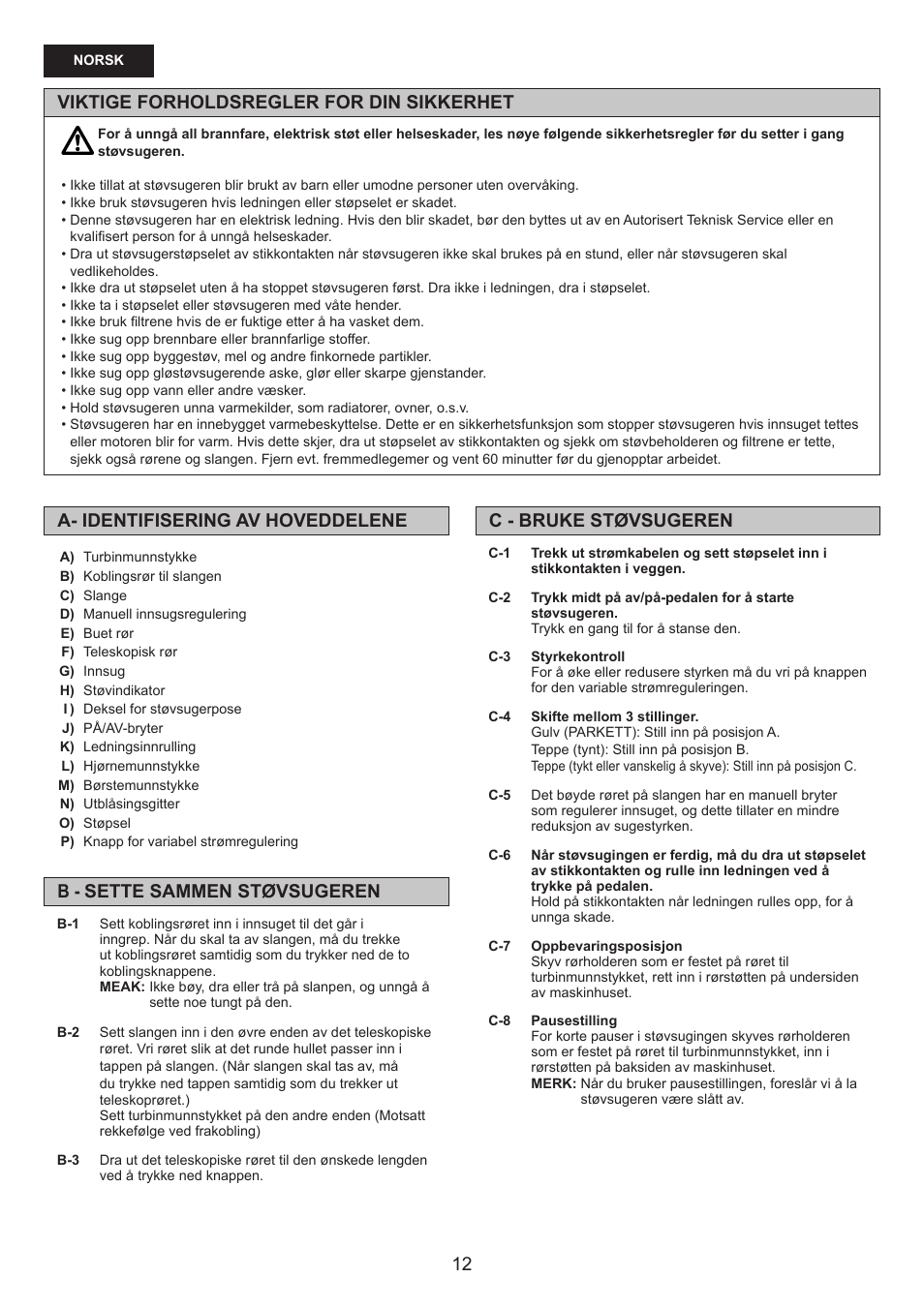 C - bruke støvsugeren b - sette sammen støvsugeren | Panasonic MCCG476BE7A User Manual | Page 12 / 32