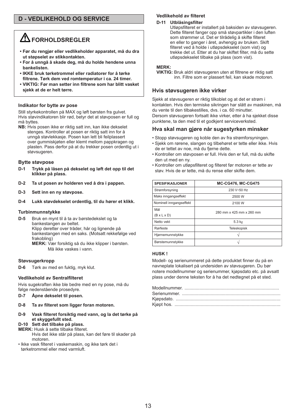 Forholdsregler, D - vedlikehold og service | Panasonic MCCG476BE7A User Manual | Page 13 / 32