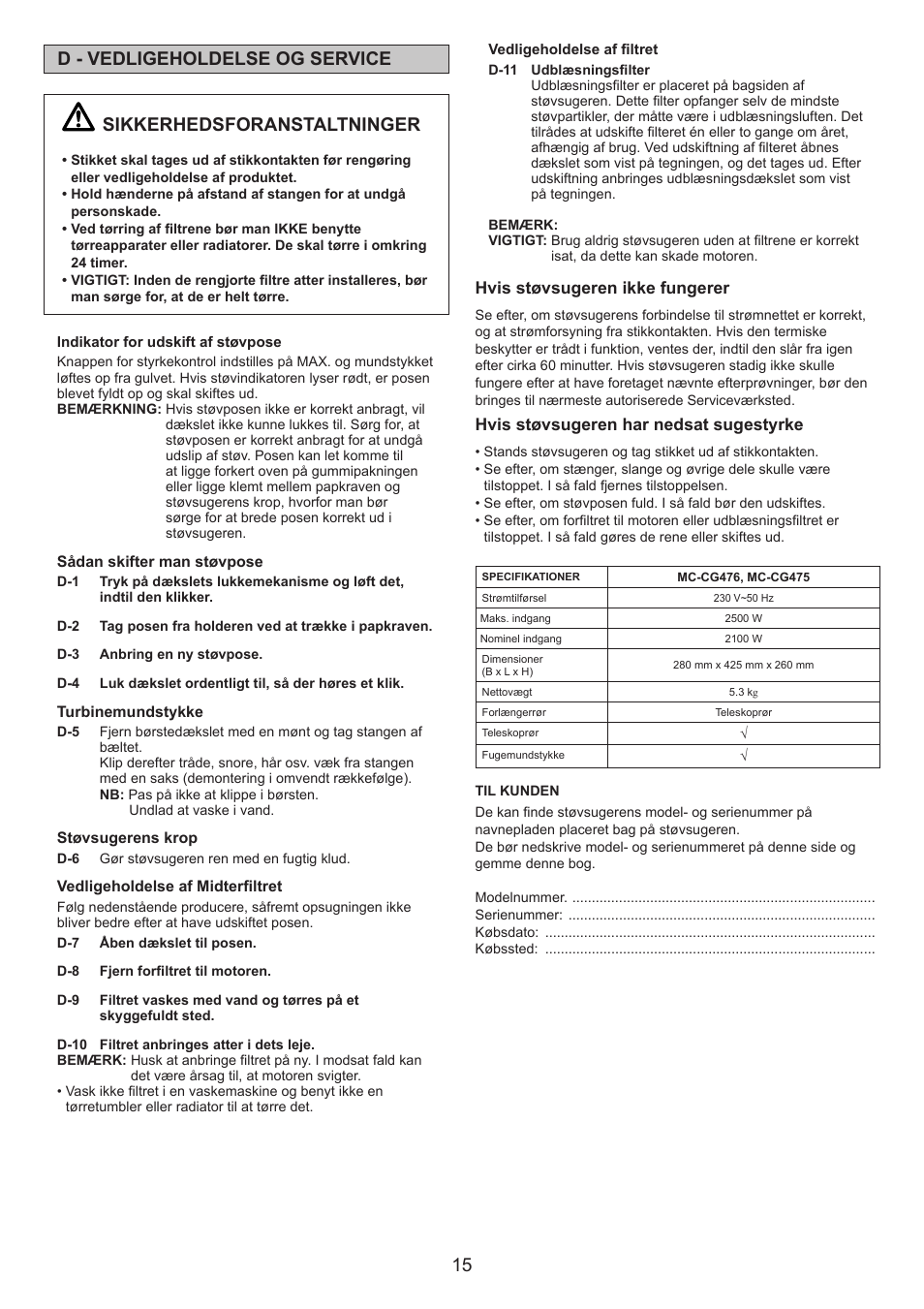 Sikkerhedsforanstaltninger, D - vedligeholdelse og service | Panasonic MCCG476BE7A User Manual | Page 15 / 32
