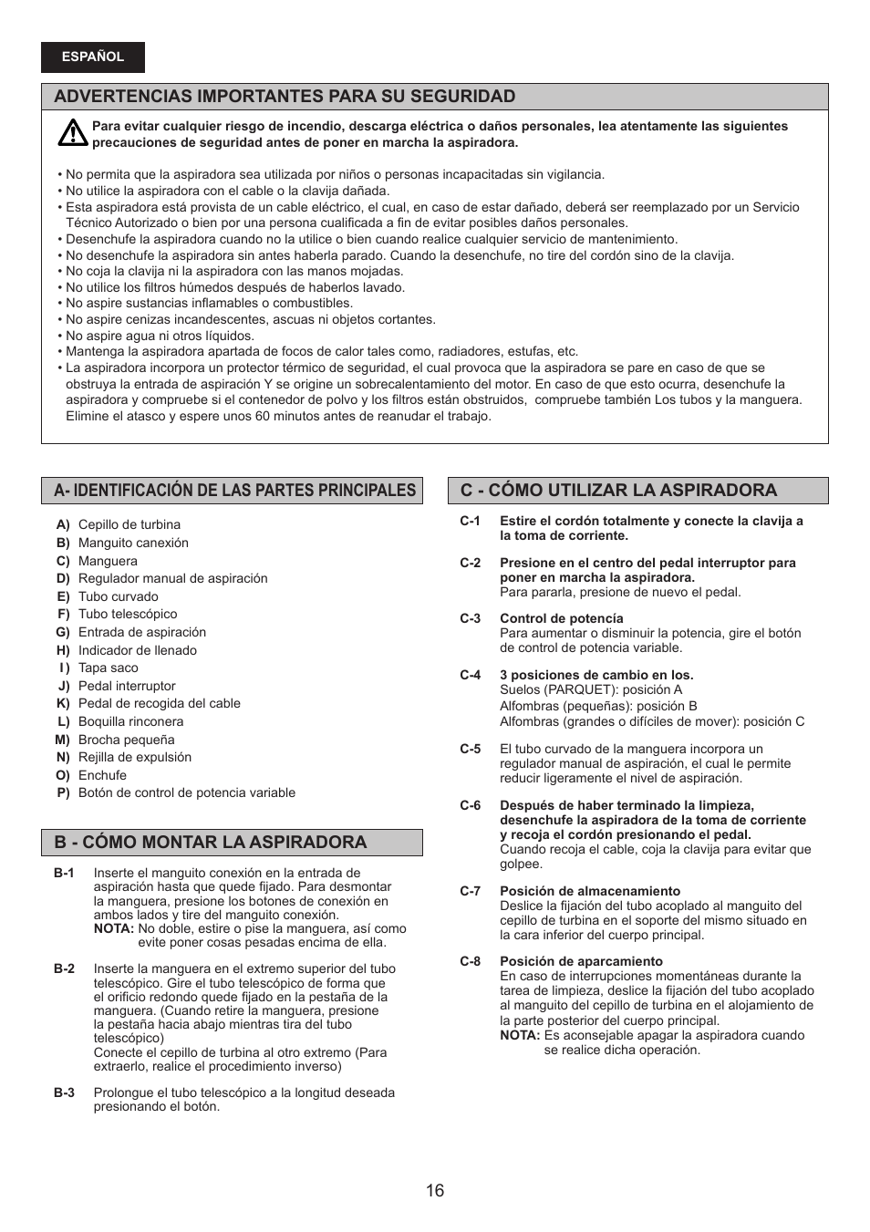 Advertencias importantes para su seguridad | Panasonic MCCG476BE7A User Manual | Page 16 / 32