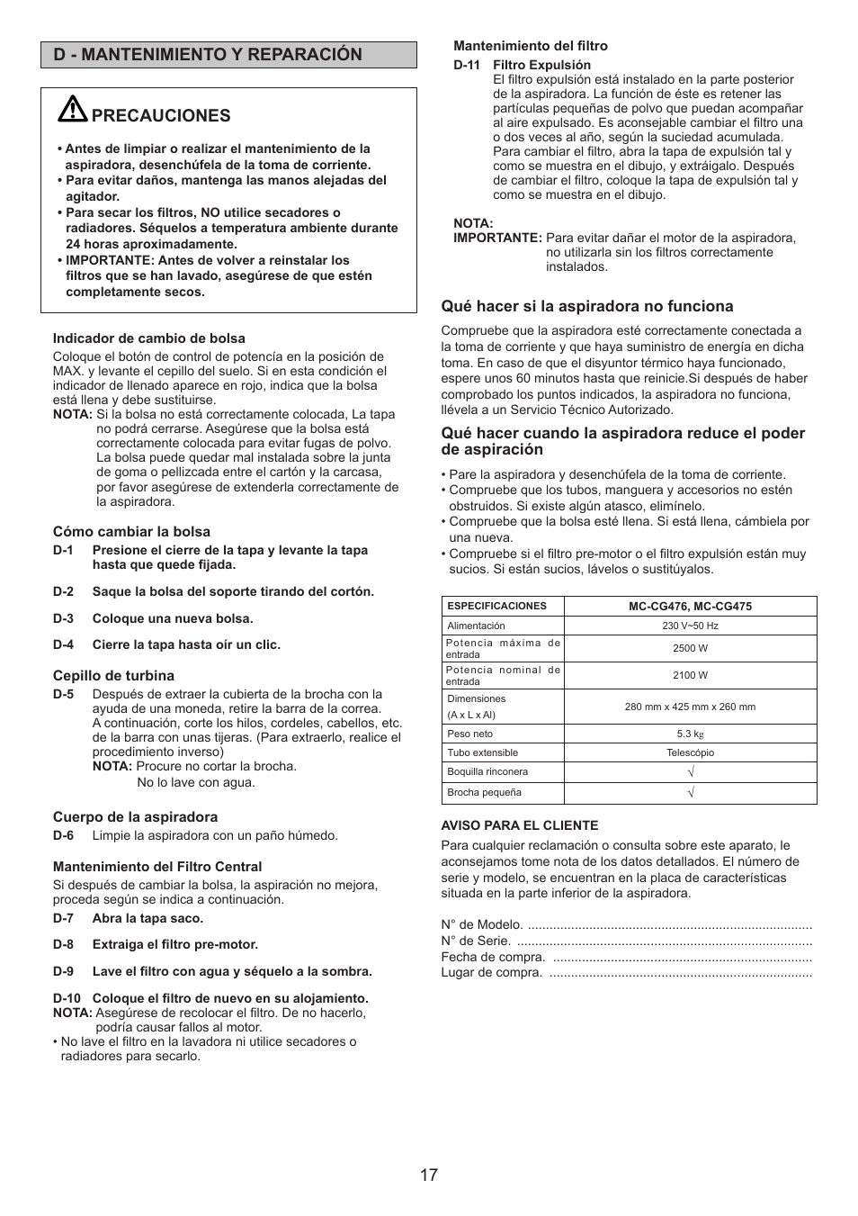 Precauciones, D - mantenimiento y reparación | Panasonic MCCG476BE7A User Manual | Page 17 / 32