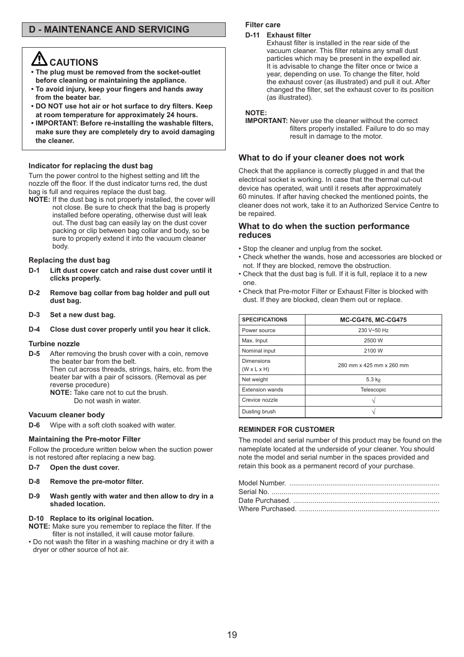 Cautions, D - maintenance and servicing | Panasonic MCCG476BE7A User Manual | Page 19 / 32