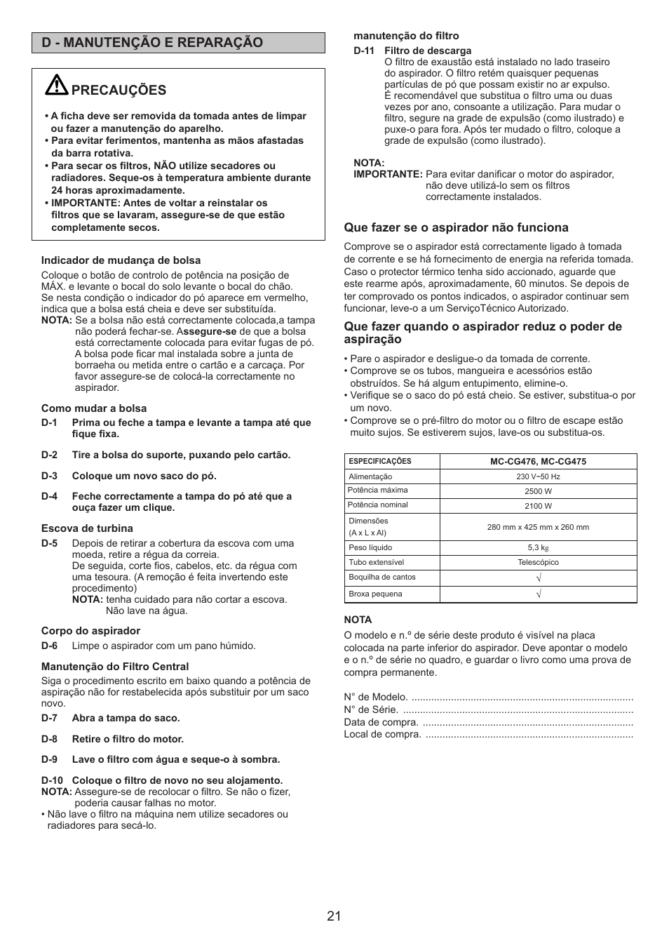 Precauções, D - manutenção e reparação | Panasonic MCCG476BE7A User Manual | Page 21 / 32