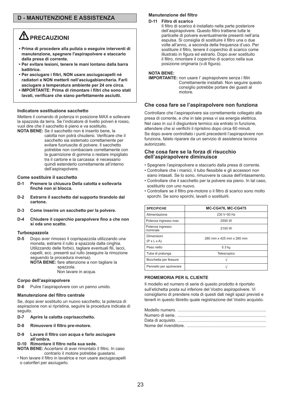 Precauzioni, D - manutenzione e assistenza | Panasonic MCCG476BE7A User Manual | Page 23 / 32