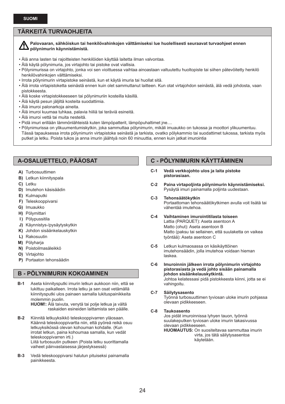 Tärkeitä turvaohjeita a-osaluettelo, pääosat | Panasonic MCCG476BE7A User Manual | Page 24 / 32